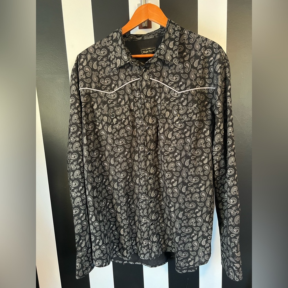 NWOT Men's Black & Gray Paisley Print Rockabilly Western Snap Shirt; Sz XLG